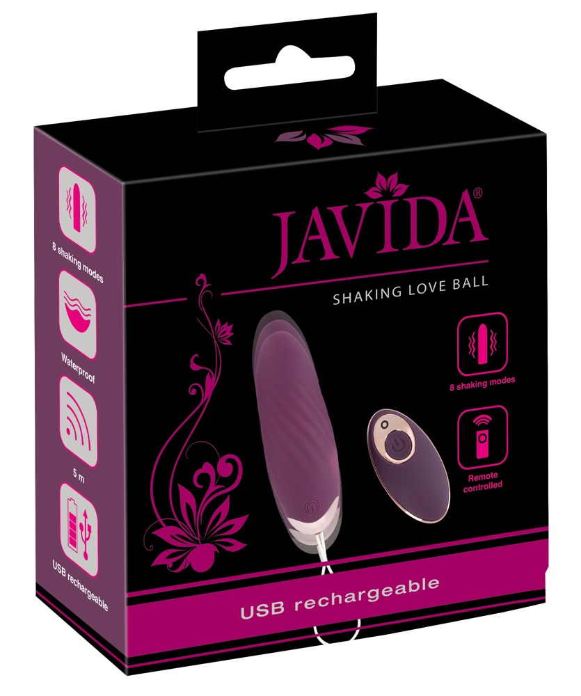 Schwarze Produktverpackung für den Jávida Shaking Love Ball in Pink mit Abbildungen des Inhalts und Funktionen.
