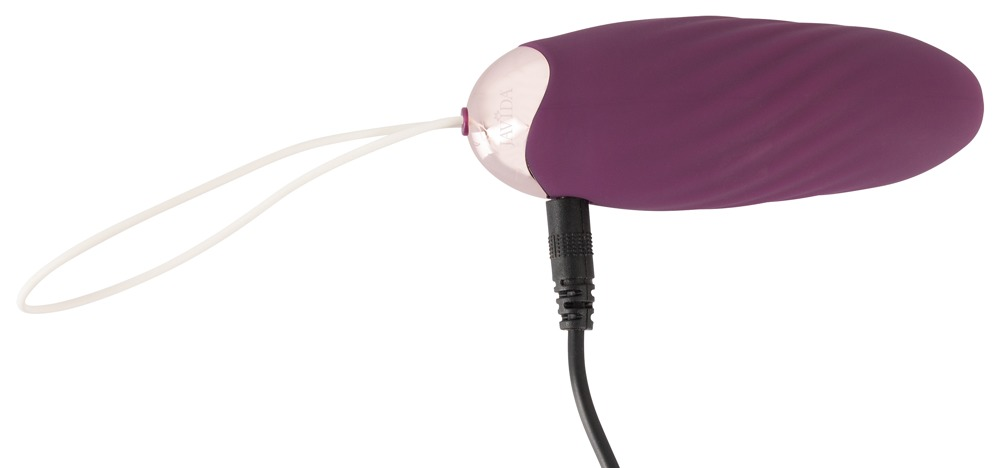 Ein lilafarbener Vibrator mit roséfarbener Kappe und Ladekabel auf weißem Hintergrund.