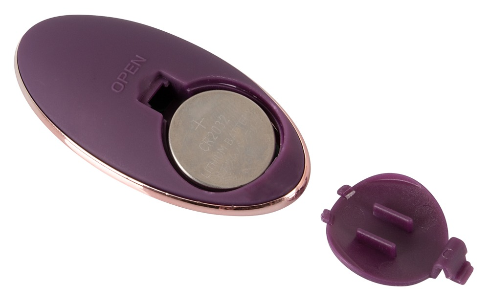 Violettes ovales Gerät mit offener Batterieklappe zeigt eine CR2032 Lithium-Knopfzelle.