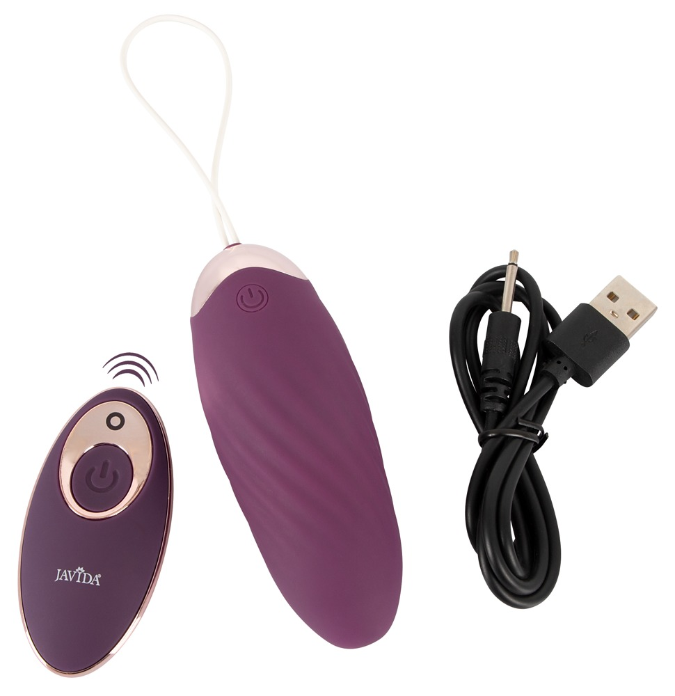 Ein lila Ei-Vibrator mit Fernbedienung und einem Ladekabel auf wei&szlig;em Hintergrund.