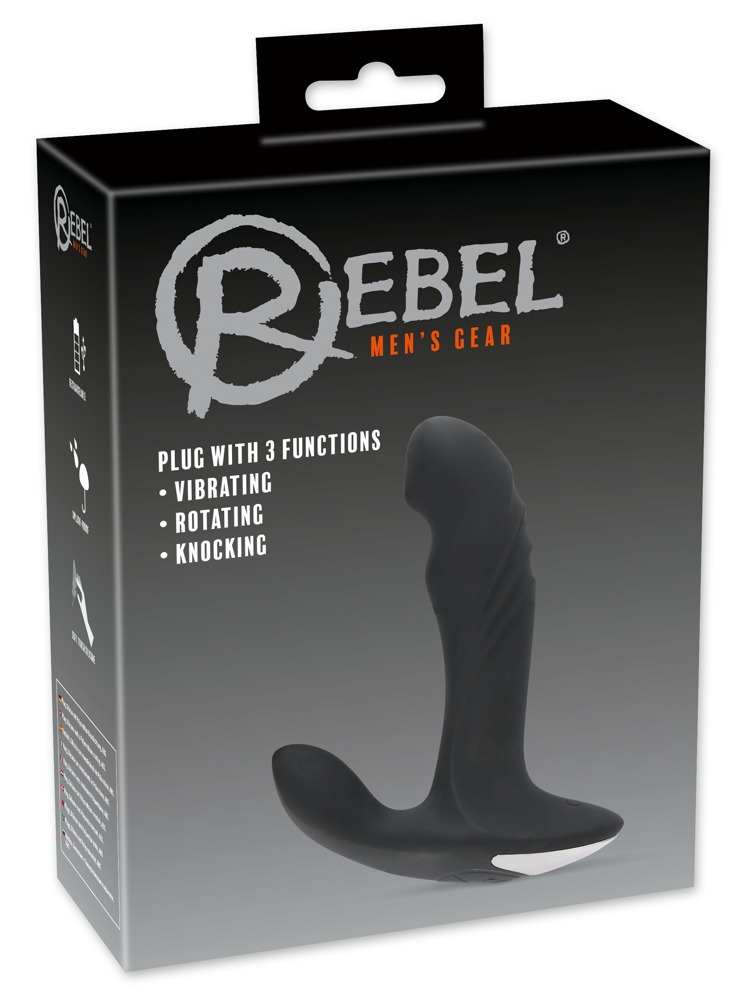Eine schwarze Verpackung für ein Rebell Men's Gear Sexspielzeug mit Abbildung des Plug-Geräts.