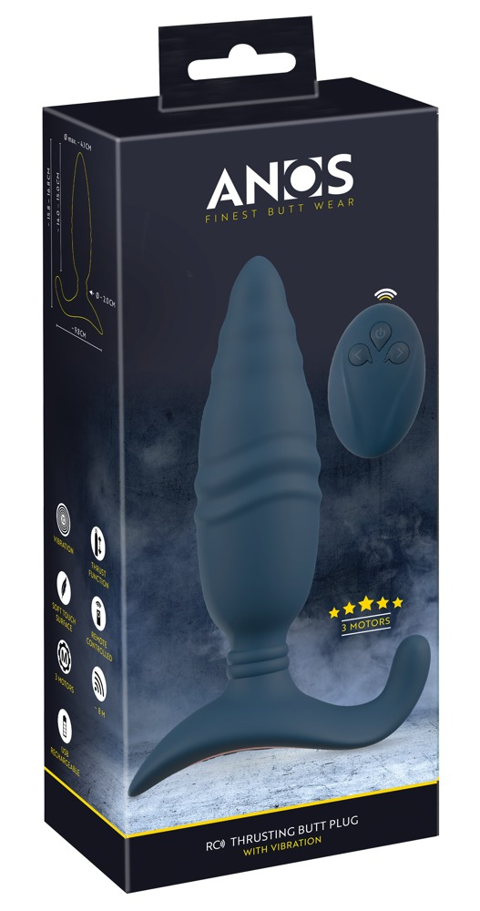 Verpackung eines dunkelblauen Butt-Plugs mit Fernbedienung, Markenname Anoos, gegen grauen Hintergrund.