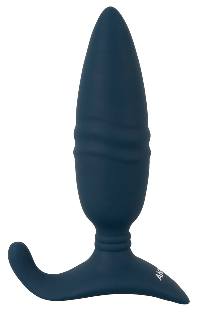 Ein dunkelblauer Silikon-Analtapfen mit verjüngtem Schaft, geripptem Griff und gebogenem Fuß auf weißem Hintergrund.