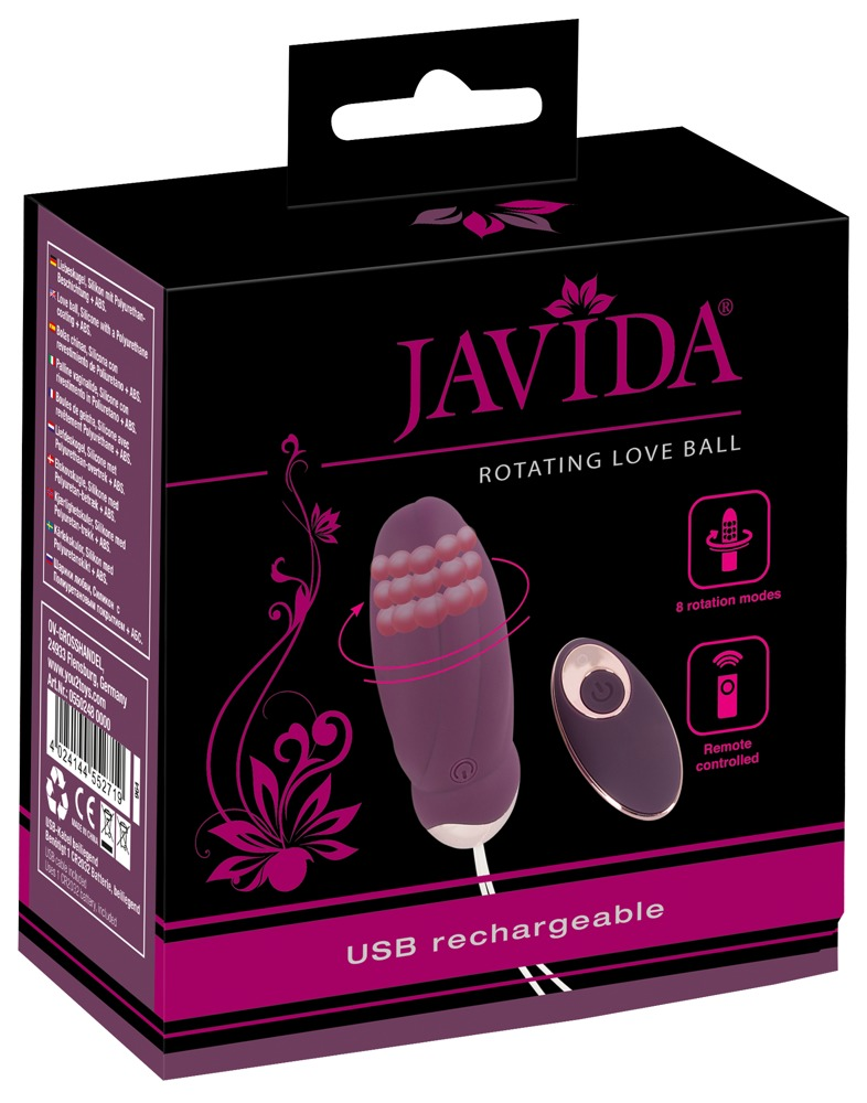 Schwarze Produktverpackung für Javida Rotating Love Ball mit violettem Vibrator, Fernbedienung und USB-Symbol.