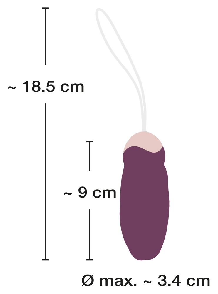 Diagramm eines lilafarbenen Eier-Vibrators mit Maßen: Länge 9 cm, gesamt 18,5 cm, Durchmesser 3,4 cm.