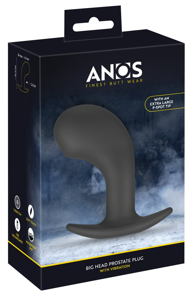 Schwarze Produktverpackung eines Anos Big Head Prostata Plug mit Vibrationsfunktion.