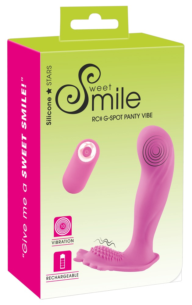 Pinkfarbene Verpackung für einen Sweet Smile G-Punkt-Vibrator, aufladbar mit Fernbedienung.