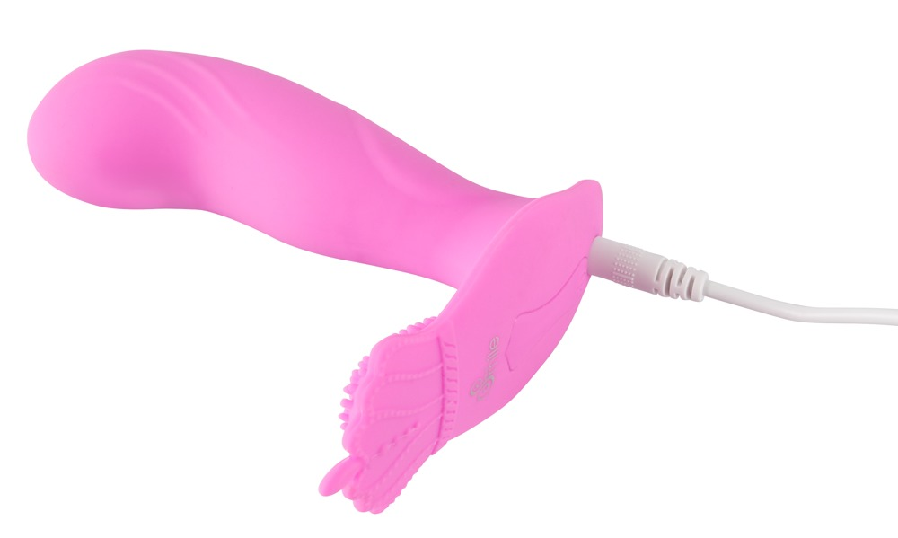 Ein rosafarbenes, geschwungenes Wellness-Gerät mit einem eingesteckten weißen Ladekabel auf weißem Hintergrund.