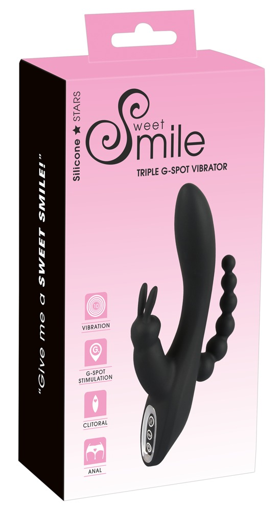 Rosa-schwarze Verpackung eines Sweet Smile Triple G-Spot Vibrators mit Bild und Symbolen.