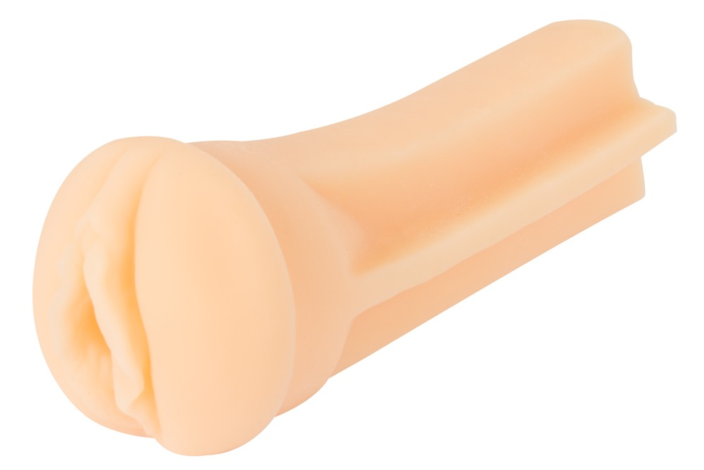 Ein hautfarbenes, längliches Silikon-Sexspielzeug mit einer strukturierten Öffnung auf einer Seite vor weißem Hintergrund.