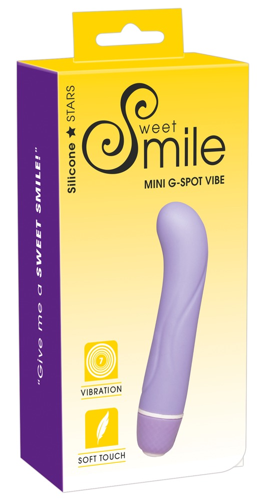 Gelbe und violette Verpackung für Sweet Smile Mini G-Spot Vibe, einen lila Vibrator mit weicher Oberfläche.