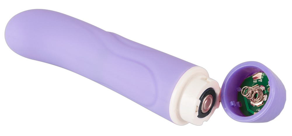 Ein lila Silikonvibrator mit geöffnetem Boden, der interne Batteriekontakte und eine grüne Platine zeigt.