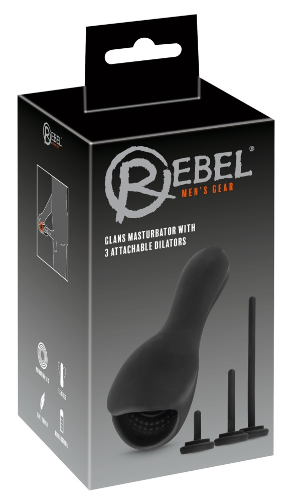 Schwarze Produktverpackung eines Rebel Men's Gear Glans Masturbators mit drei Aufsätzen.