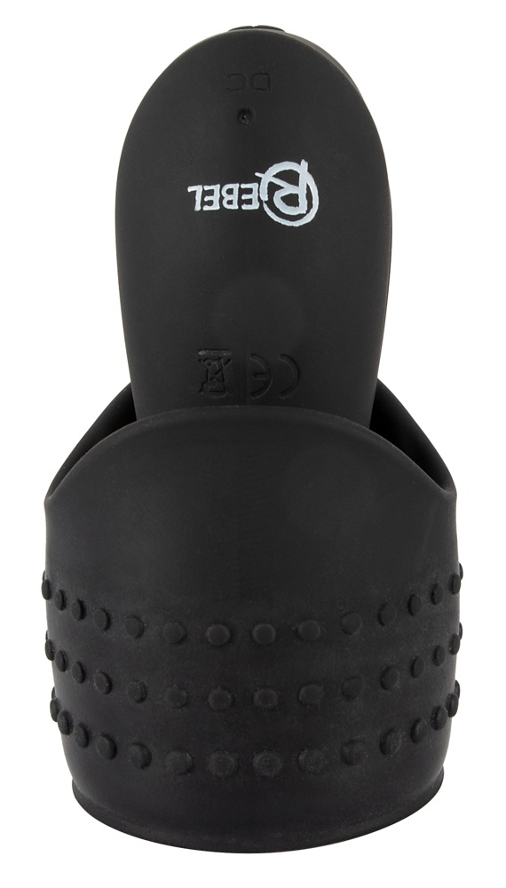 Ein schwarzes Silikonprodukt mit Riegel-Logo steht aufrecht in einer strukturierten Halterung.