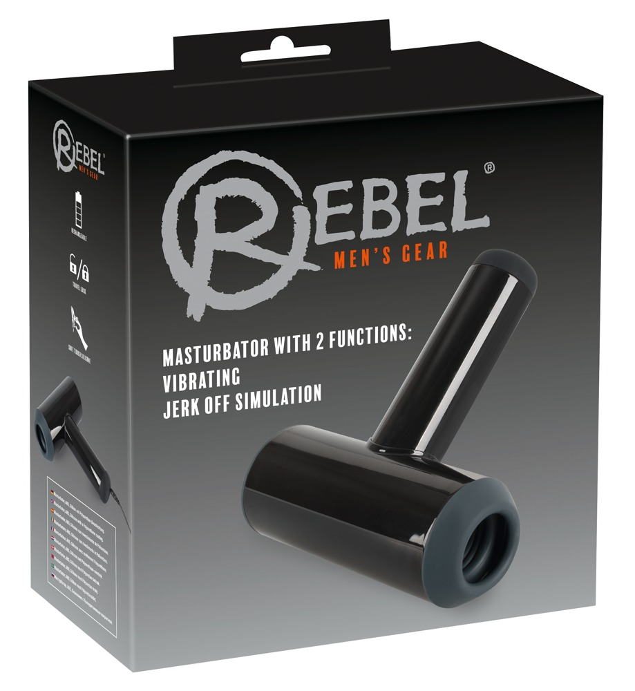 Schwarze Produktverpackung für Rebel Men's Gear, ein vibrierendes Masturbationsspielzeug mit zwei Funktionen.