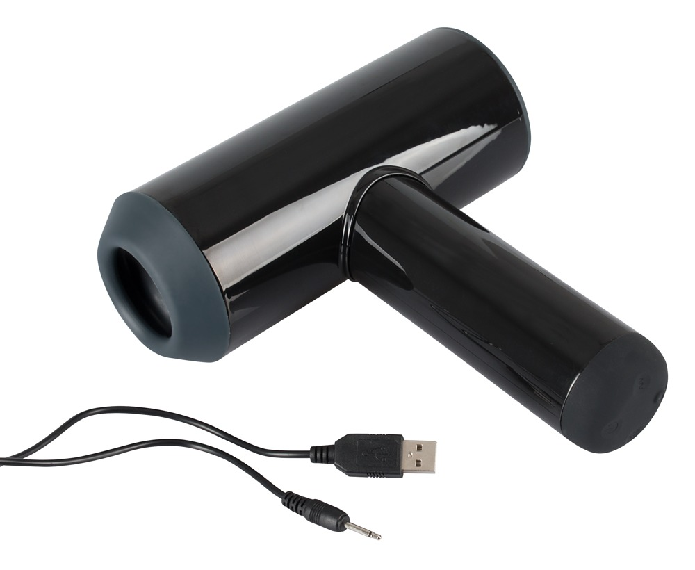 Ein glänzender schwarzer T-förmiger Apparat mit grauen Akzenten und einem angeschlossenen USB-Kabel.
