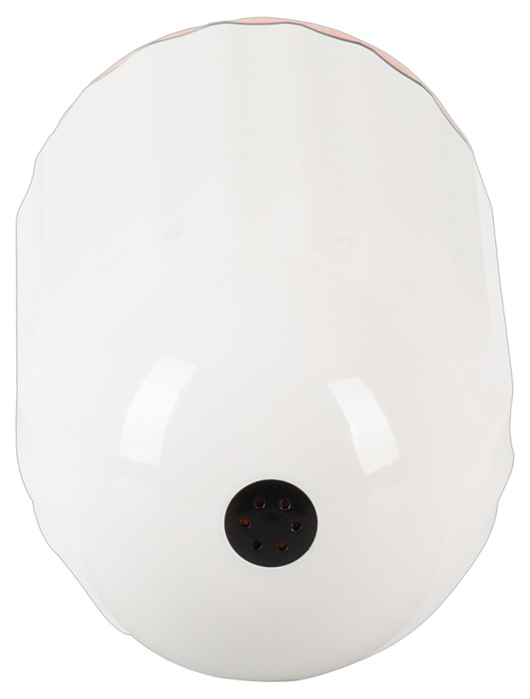 Eine weiße Lampe mit einer schwarzen runden Basis und kleinen Löchern an der Unterseite.