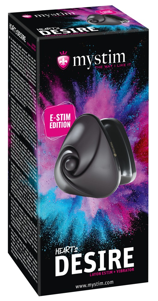 Mystim Heart's Desire E-Stim Vibrator in schwarzer Verpackung mit bunten Farbexplosionen.