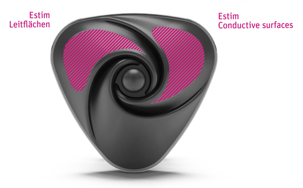 Schwarzes Dreiecksgerät mit pinken Leitflächen und spiralförmigem Design.