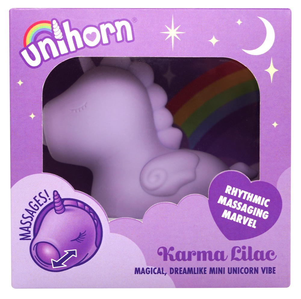 Ein lila Einhorn-Massagegerät in einer verziert lila Schachtel mit Regenbogen.