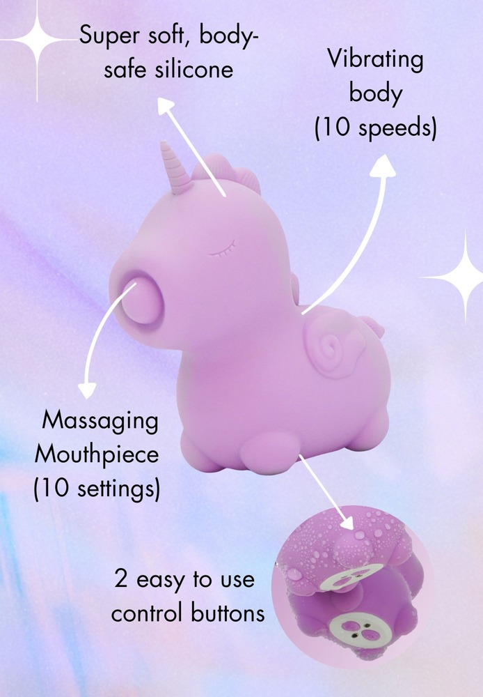 Lila Silikon-Einhorn-Vibrator mit Massageaufsatz und zehn Geschwindigkeiten auf rosa Hintergrund.