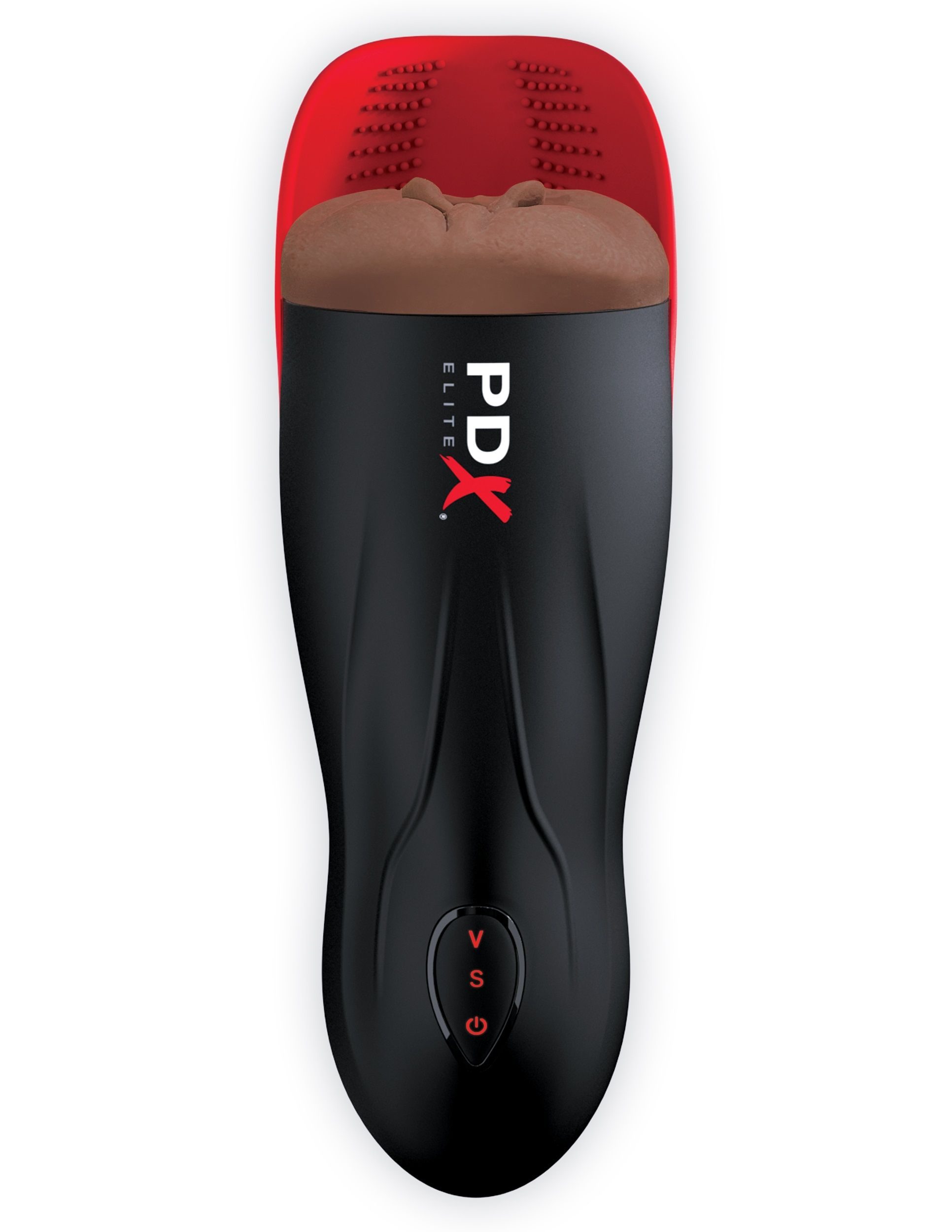 Ein schwarz-rotes PDX Elite Sexspielzeug mit brauner Innenstruktur und Steuerungsknöpfen auf weißem Hintergrund.