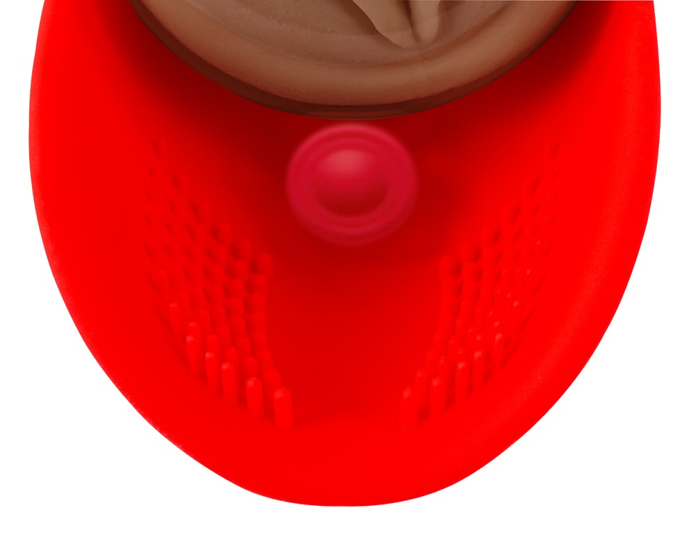 Roter Silikonkörper mit strukturierten Noppen innen und einer braunen Öffnung oben.