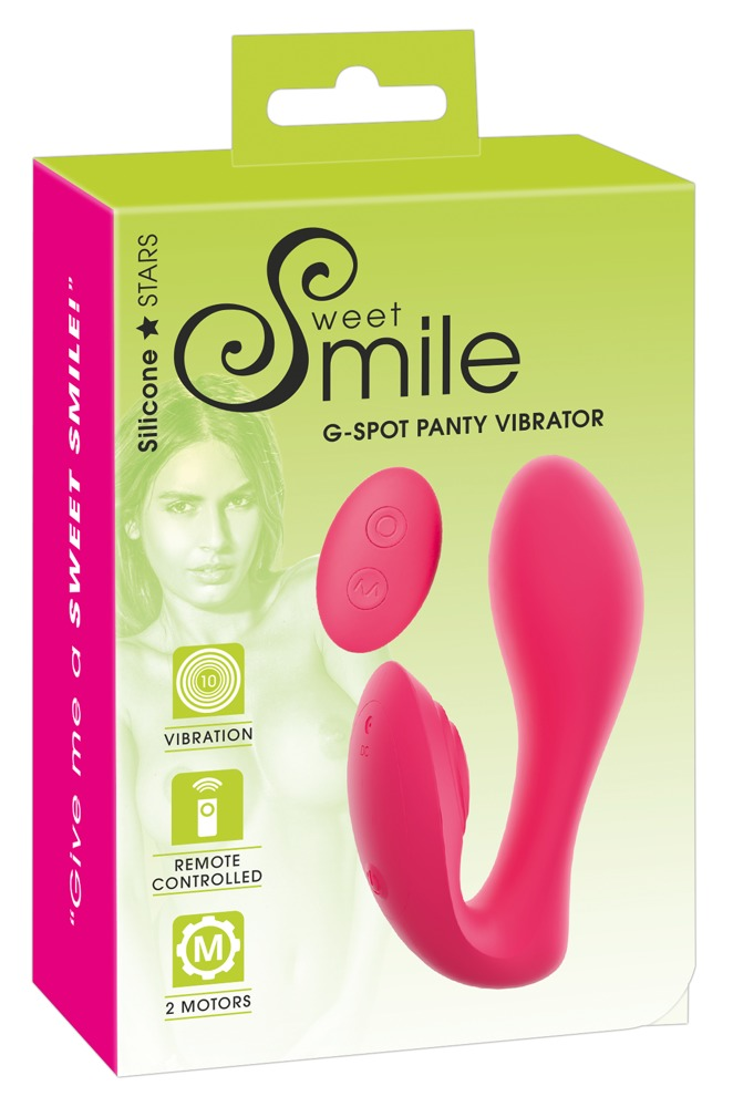 Grüne Box eines pinken Sweet Smile G-Punkt Panty Vibrators mit abgebildeter Frau und Produktsymbolen.