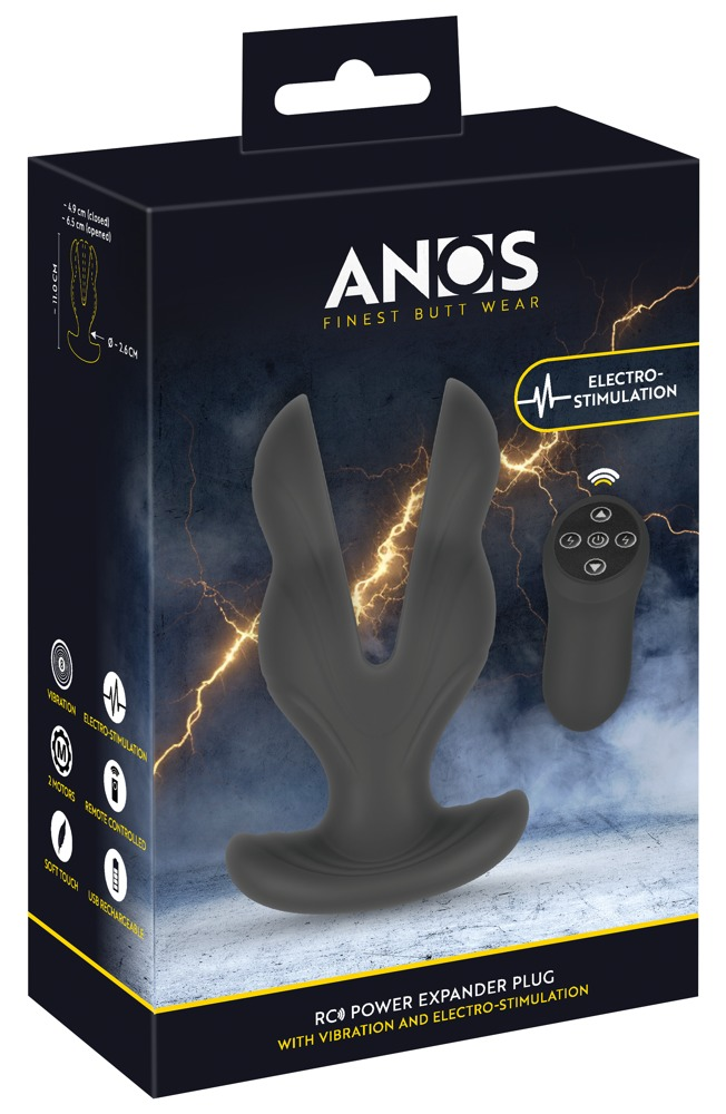 Verpackung eines schwarzen, elektrisch stimulierenden Butt-Plugs mit Fernbedienung vor dunklem Hintergrund.