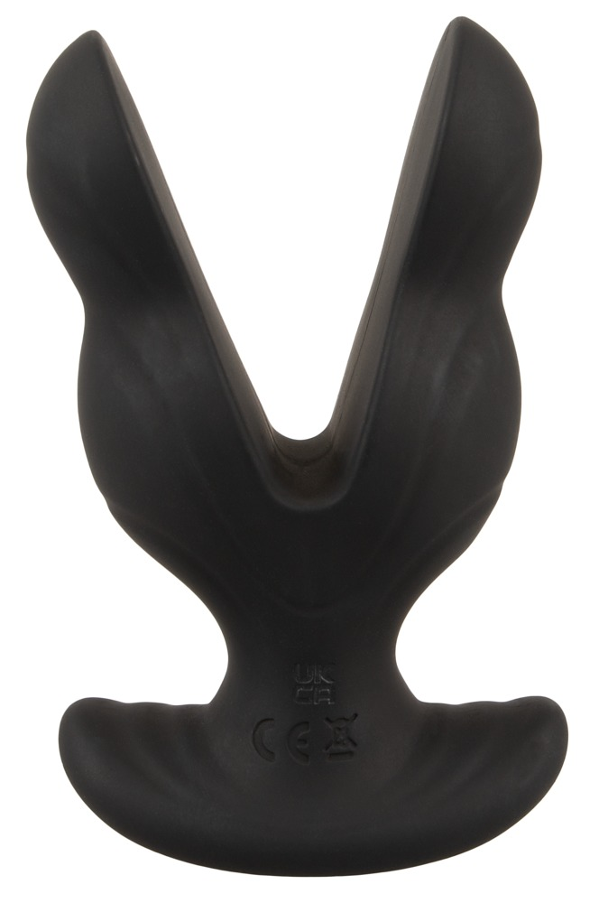 Ein schwarzes, Y-förmiges Silikon-Wellness-Accessoire mit glatter Oberfläche auf weißem Hintergrund.