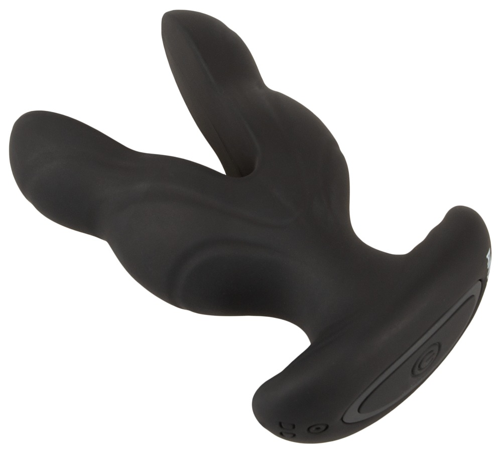 Ein ergonomisches schwarzes Wellness-Produkt mit zwei spitzen Enden vor weißem Hintergrund.