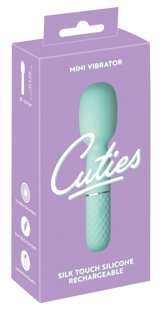 Lila Verpackung eines mintgrünen Mini-Vibrators mit weißem Text.