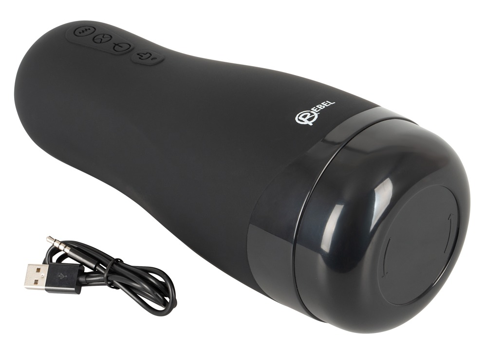 Ein schwarzes, elegantes Sexspielzeug mit Steuertasten und USB-Ladekabel auf weißem Hintergrund.