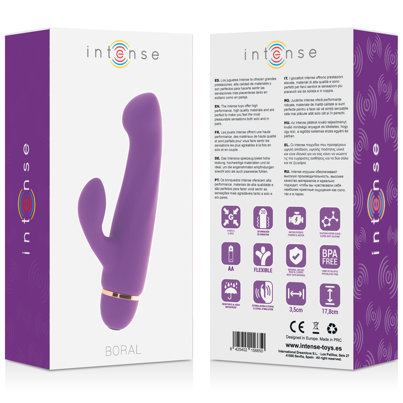 Juguete vibrador morado junto a su empaque impreso con detalles.