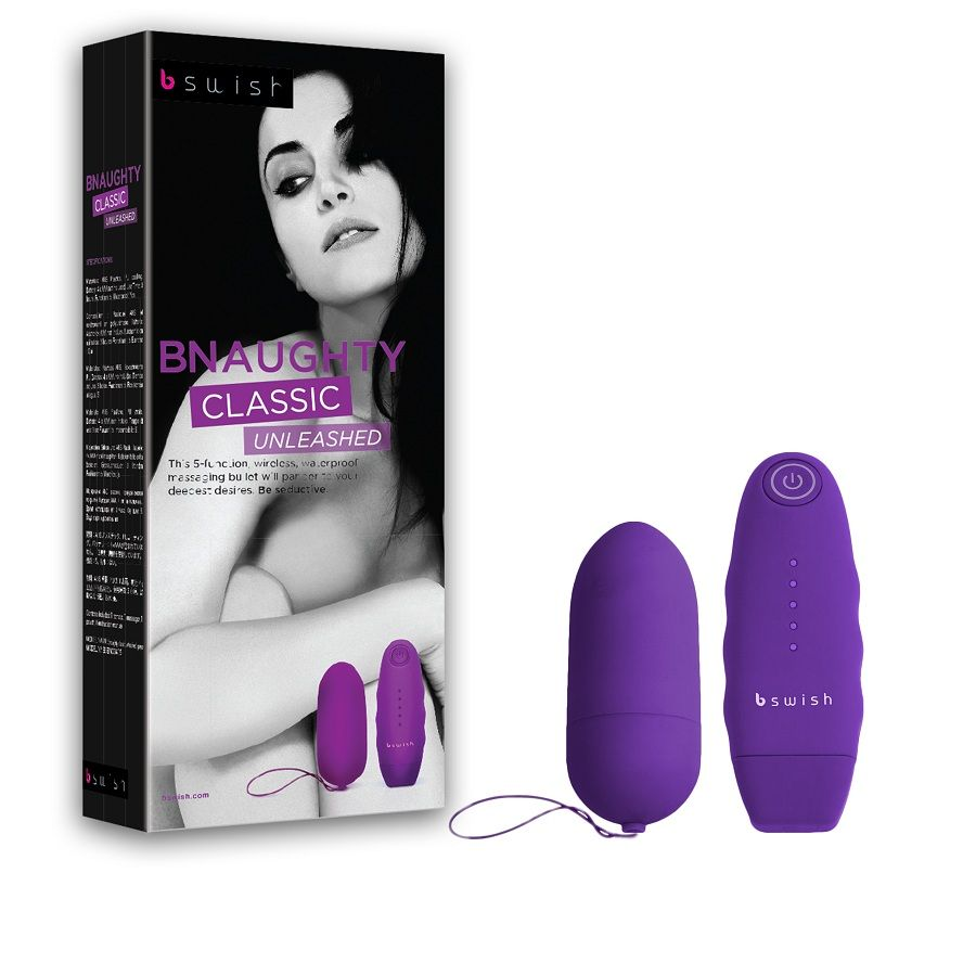 Un masajeador inalámbrico morado BNAUGHTY Classic con dos dispositivos y su caja con una mujer.