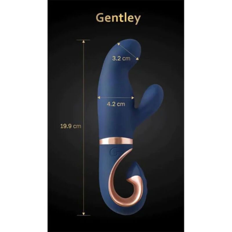 Vibrador conejo azul y oro rosa con dimensiones indicadas, 19.9 cm de largo total.