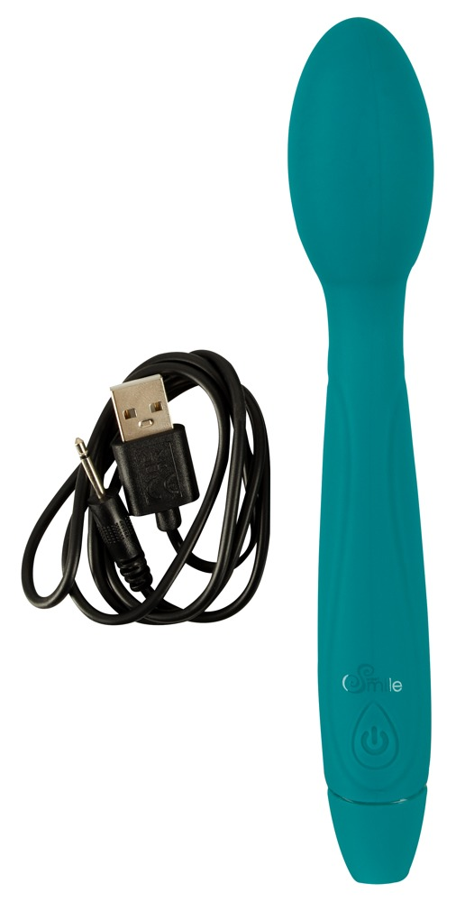 Ein türkisfarbener Vibrator und ein schwarzes USB-Ladekabel liegen auf weißem Hintergrund.