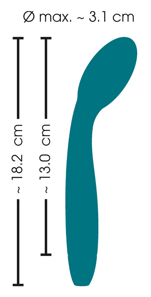 Diagramm zeigt die Maße eines türkis blattförmigen Objekts mit Länge und Durchmesser.