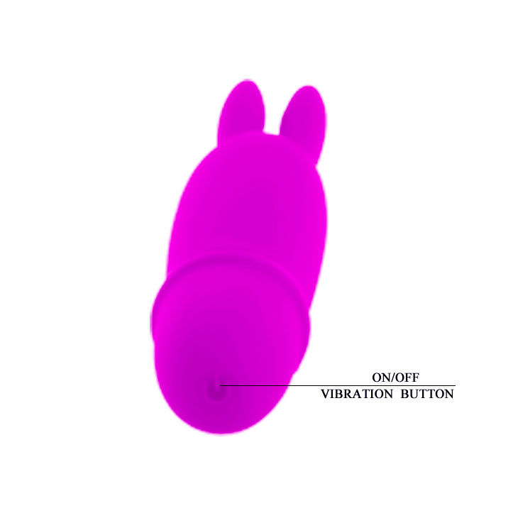 Ein rosa hasenförmiger Vibrator auf weißem Hintergrund mit einem Label am Ein/Aus-Knopf.