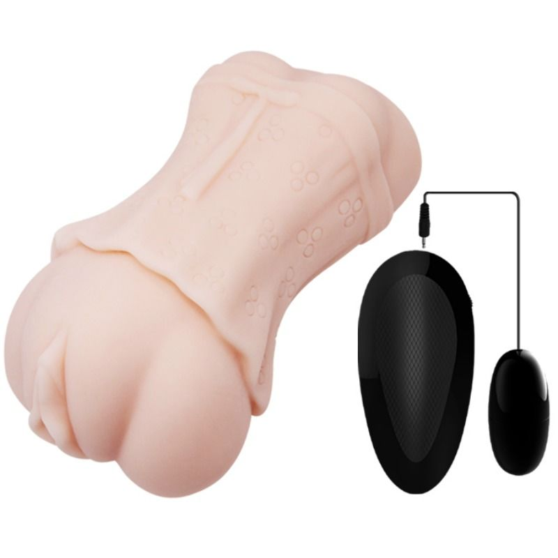 Ein pfirsichfarbenes Silikon-Sexspielzeug und ein schwarzer elektronischer Controller auf weißem Hintergrund.