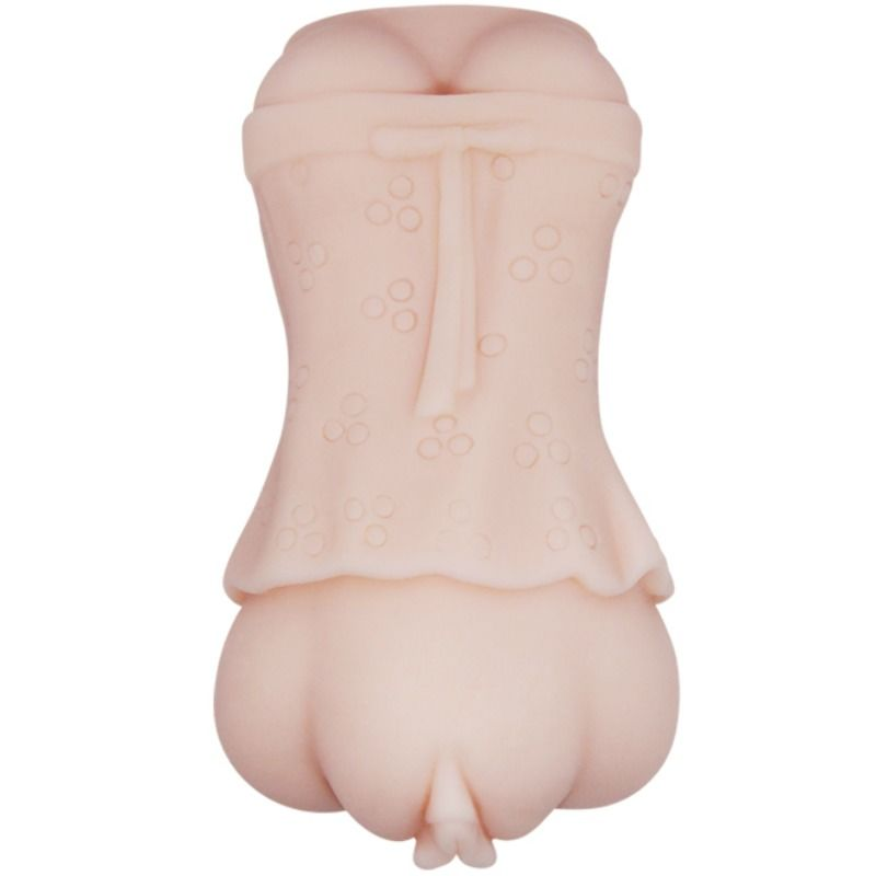 Ein pfirsichfarbenes Silikon-Sexspielzeug in Form eines Torsos mit Pünktchen-Oberteil vor weißem Hintergrund.
