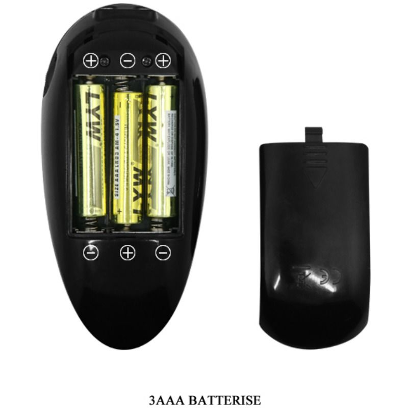 Ein schwarzes Gerät mit drei eingelegten AAA-Batterien und der dazugehörigen Batterieabdeckung.