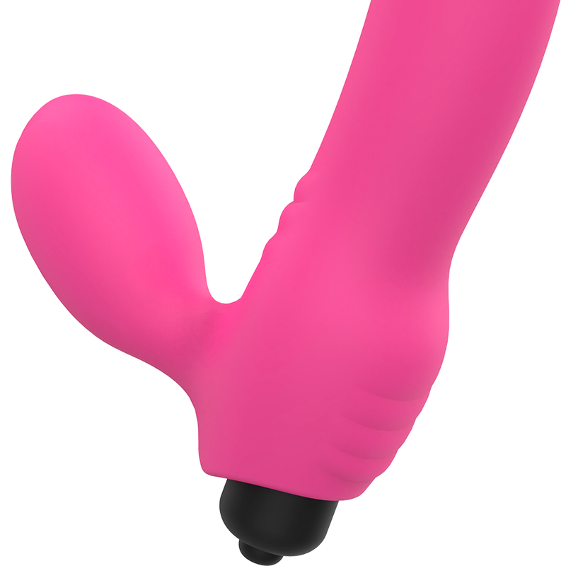 Un vibrador de conejo de silicona rosa con base negra sobre fondo blanco.