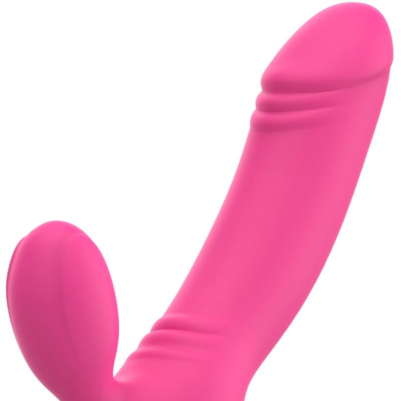 Un juguete sexual rosa con dos extremos redondeados sobre un fondo blanco.