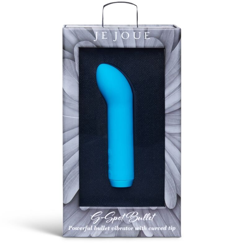 Un vibrador azul curvo para el punto G en una caja gris decorativa con asa.