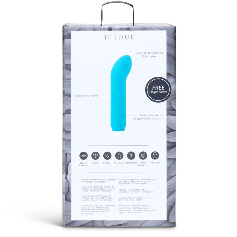 Empaque de un masajeador vibratorio azul brillante, mostrando características en la caja.