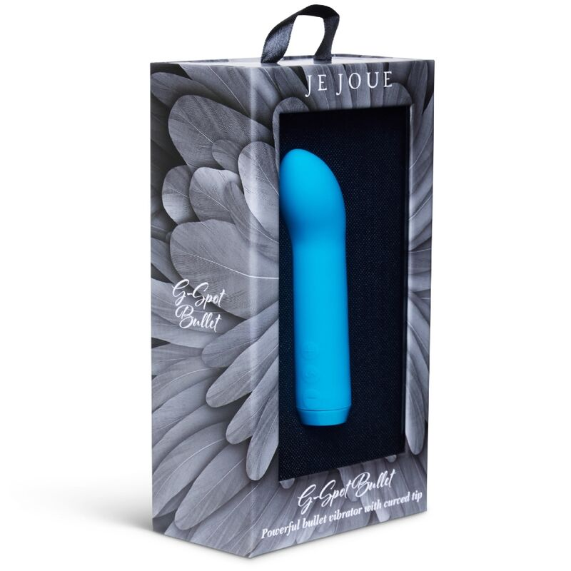 Vibrador bala azul para punto G en una caja estampada con texto.
