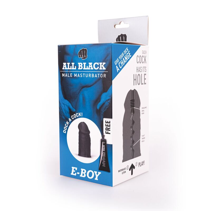 Verpackung des All Black E-Boy Masturbators in Blau und Weiß mit Produktgrafiken und kostenlosem Gleitmittel.