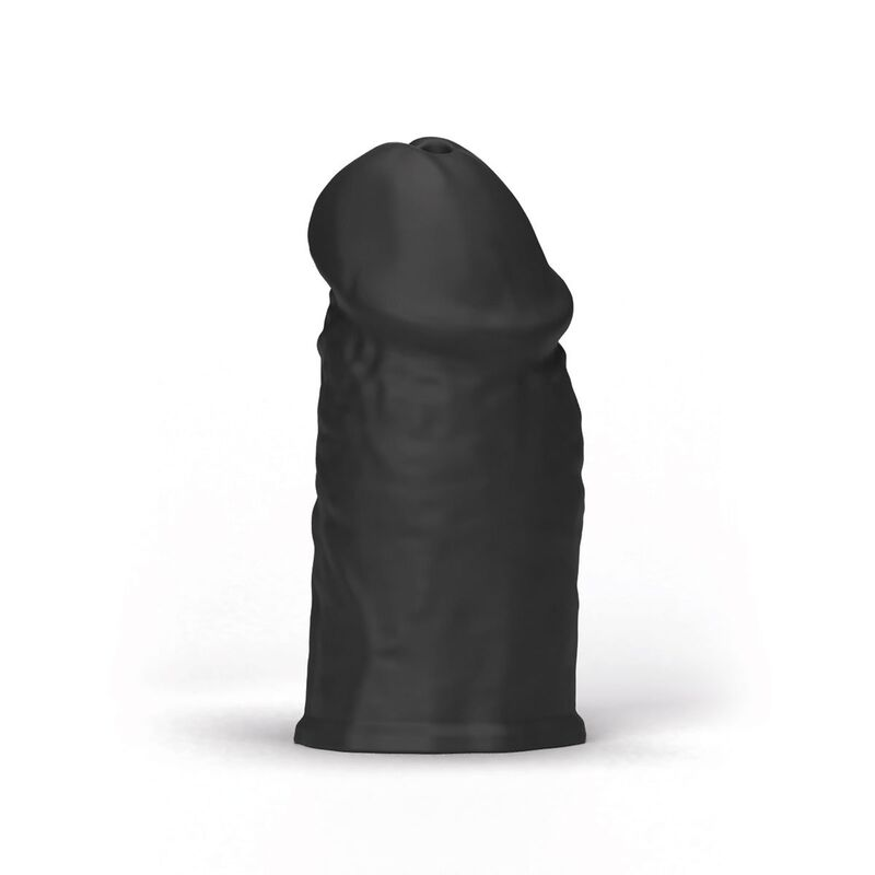 Ein schwarzes, phallusförmiges Wellness-Produkt aus weichem Material steht auf weißem Hintergrund.
