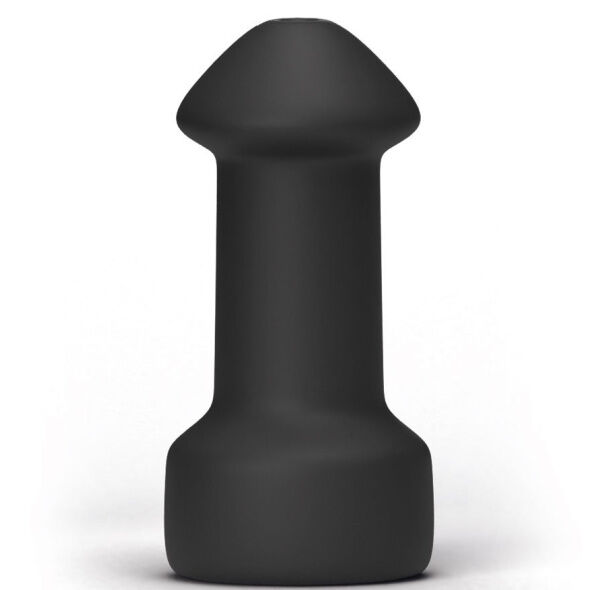 Ein glatter, mattschwarzer, kegelförmiger Silikon-Analplug mit einem breiten Fuß auf weißem Hintergrund.